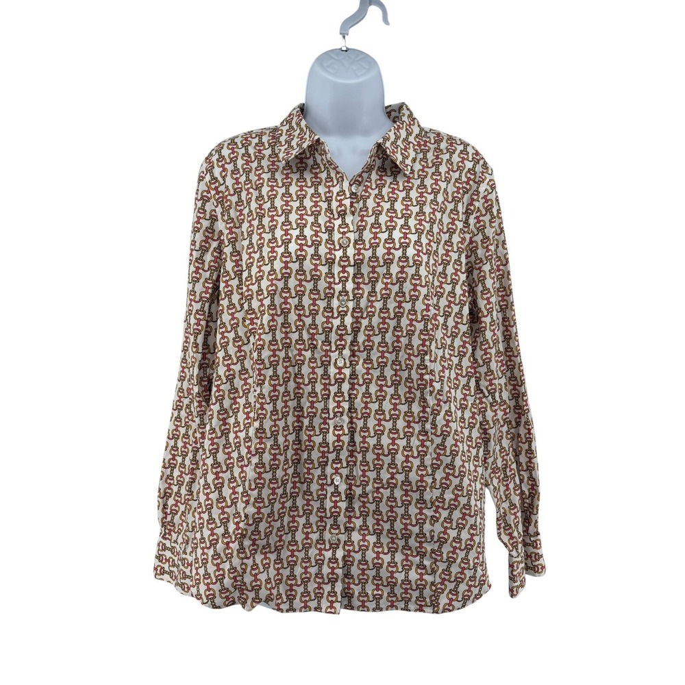 Talbots Non-Iron Button Down Shirt Size 16 Horse Bit Chain Print Equestrian